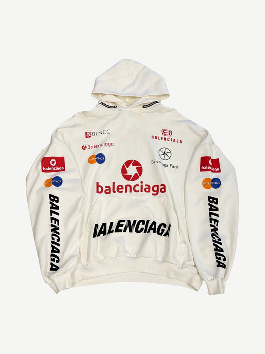Balenciaga white cotton hoodie with red Top League collegiate logo and number 13 across chest, front view