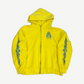 Balenciaga yellow Unity zip hoodie front, blue flame Unity ring logo on chest with blue flame sleeve prints.