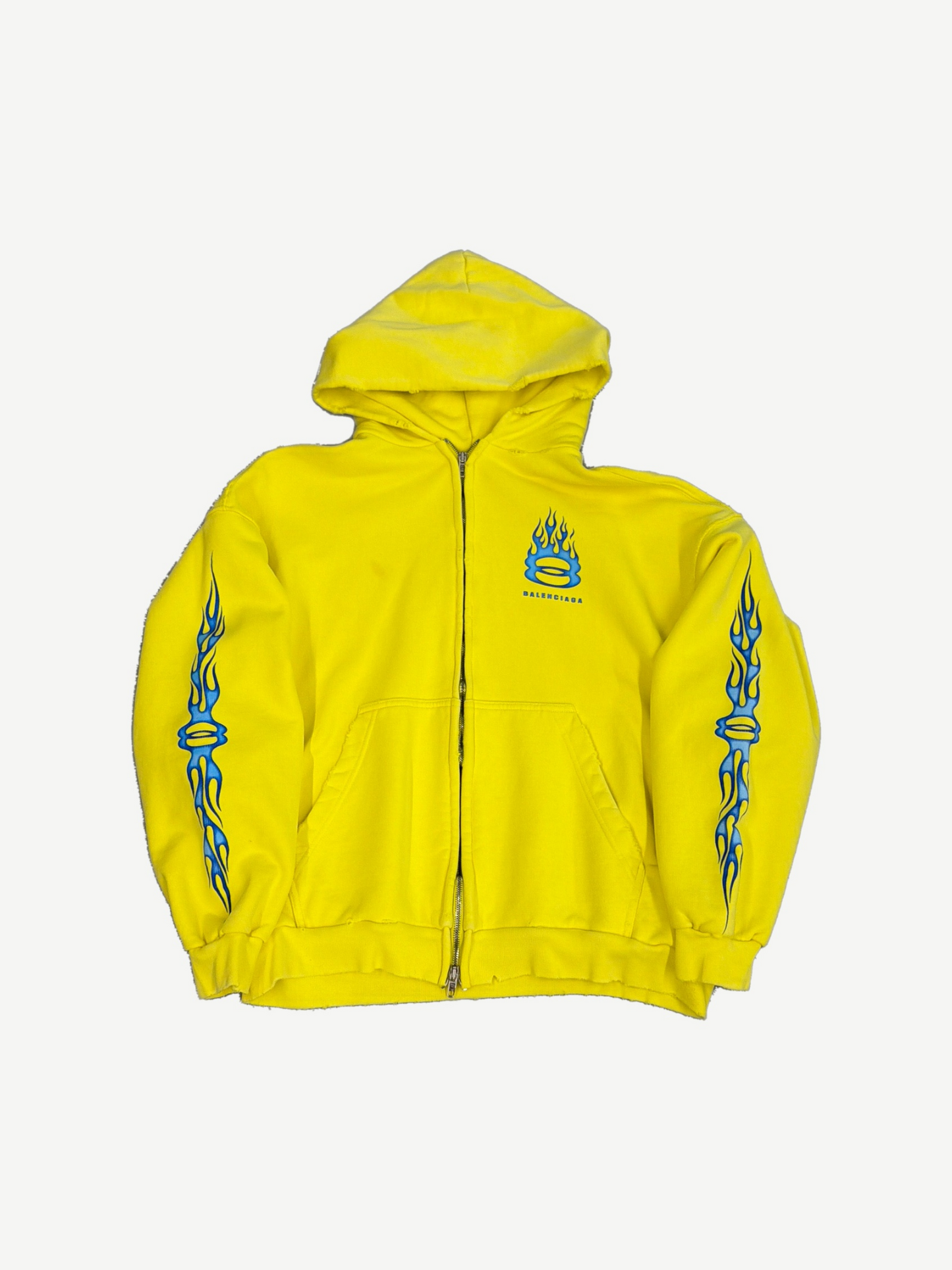 Balenciaga yellow Unity zip hoodie front, blue flame Unity ring logo on chest with blue flame sleeve prints.