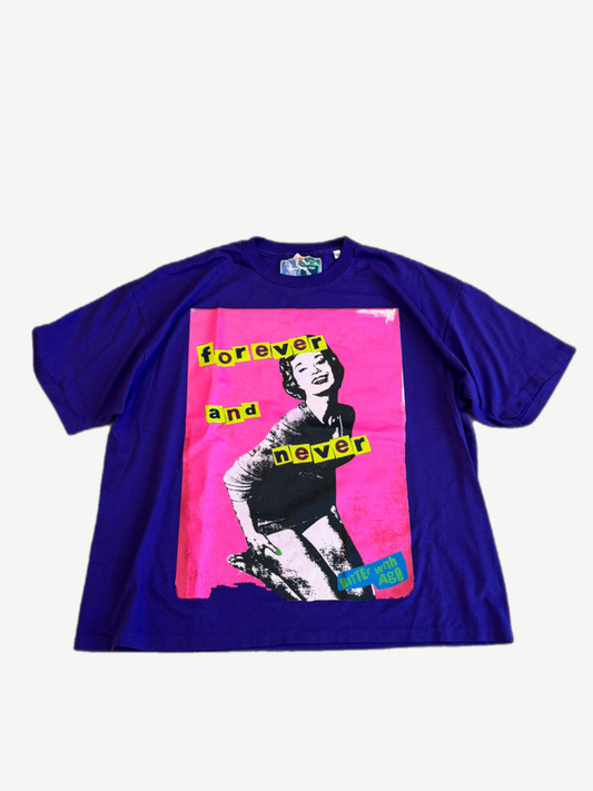 Better With Age purple tee with pink retro pinup graphic and forever and never collage text on chest.