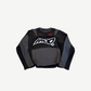 HMDD black moto jersey front detail showing mesh ventilation panels and HMD chest embroidery