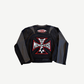 HMDD black moto jersey back detail close-up of iron cross graphic on mesh racing fabric
