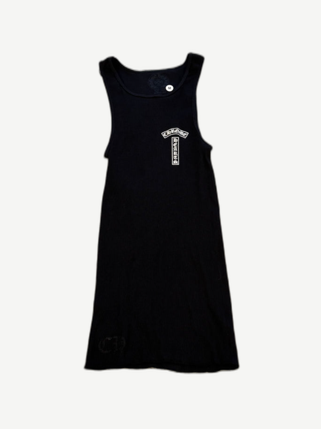 Chrome Hearts black ribbed cotton tank top front with white T-bar gothic logo on chest