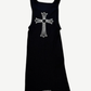 Chrome Hearts black tank top back with large white floral cross dagger print and banner logo at hem