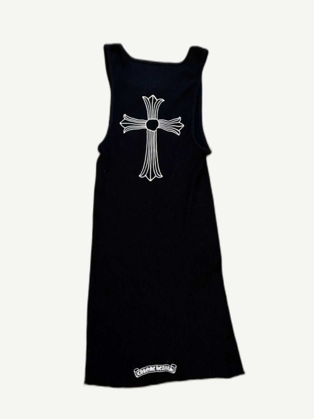 Chrome Hearts black tank top back with large white floral cross dagger print and banner logo at hem