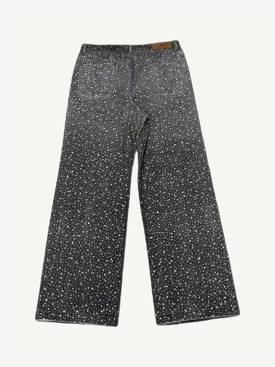 Birth of Royal Child black Diamond jeans rear view with five-pocket cut and rhinestone gradient down the legs