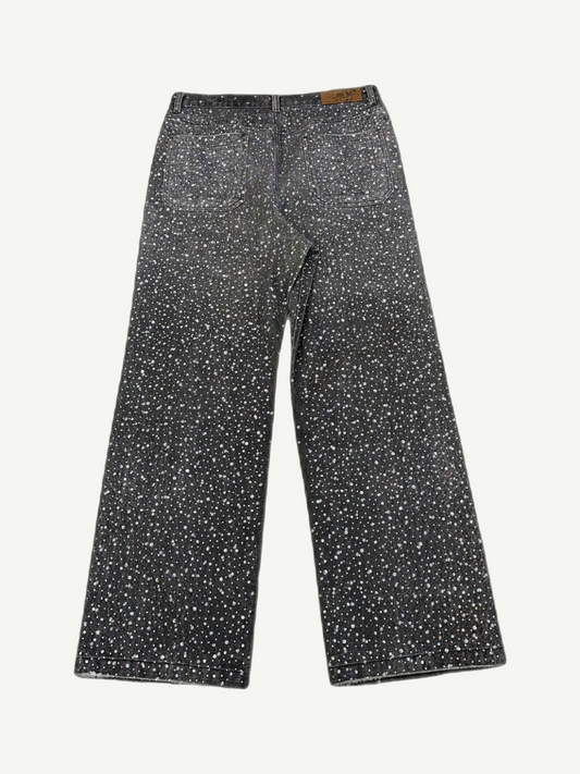 Birth of Royal Child black Diamond jeans rear view with five-pocket cut and rhinestone gradient down the legs