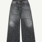 Birth of Royal Child black 20k Diamond jeans front view with wide flare leg and rhinestone scatter from knee down