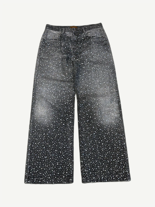 Birth of Royal Child black 20k Diamond jeans front view with wide flare leg and rhinestone scatter from knee down