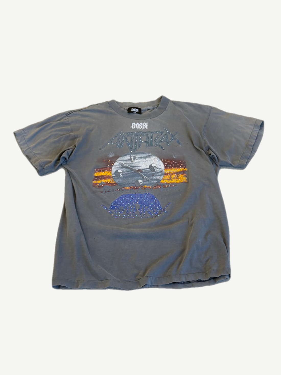 Bossi vintage faded blue tee with Anthrax tour print and rhinestone-studded crowd graphic on front chest