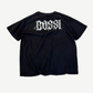 Bossi vintage black tee back view with rhinestone studded skull and barbed wire continuation pattern.