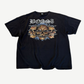 Bossi Saint Michael vintage black tee with rhinestone barbed wire and skulls embellishment across front.