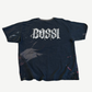 Back of Bossi Cadillac Angels painted tee with large gothic Bossi logo and hand-painted distressing