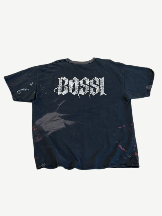 Back of Bossi Cadillac Angels painted tee with large gothic Bossi logo and hand-painted distressing