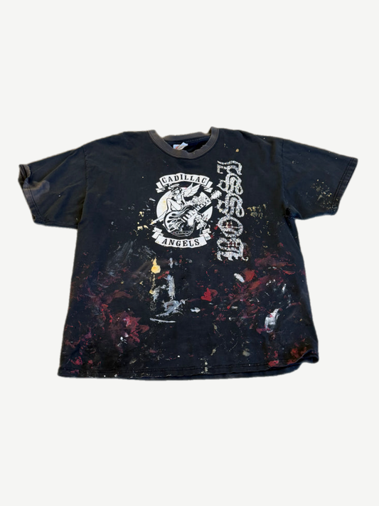 Bossi vintage faded black tee with Cadillac Angels chest print and hand-painted red and white splatter detailing