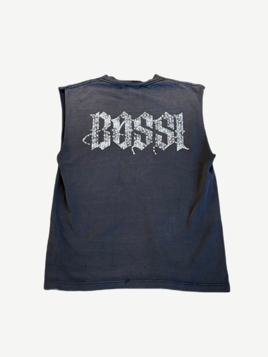 Bossi vintage studded cutoff tee back view with Bossi gothic logo and raw cropped sleeve detail.