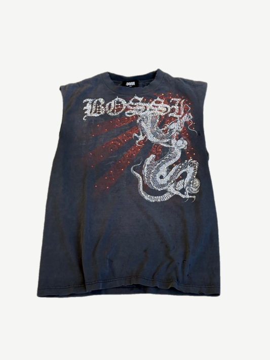 Bossi vintage dragon studded cutoff tee front with faded silver dragon graphic and gothic Bossi text.