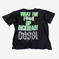 Bossi vintage tee back view with metal studded WAKE THE F**K UP DICKHEAD BOSSI block lettering.