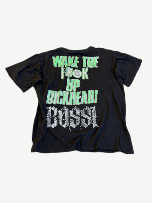 Bossi vintage tee back view with metal studded WAKE THE F**K UP DICKHEAD BOSSI block lettering.