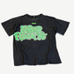 Bossi Faster Pussycat tee in faded black with neon green graffiti front print and oversized vintage boxy fit.