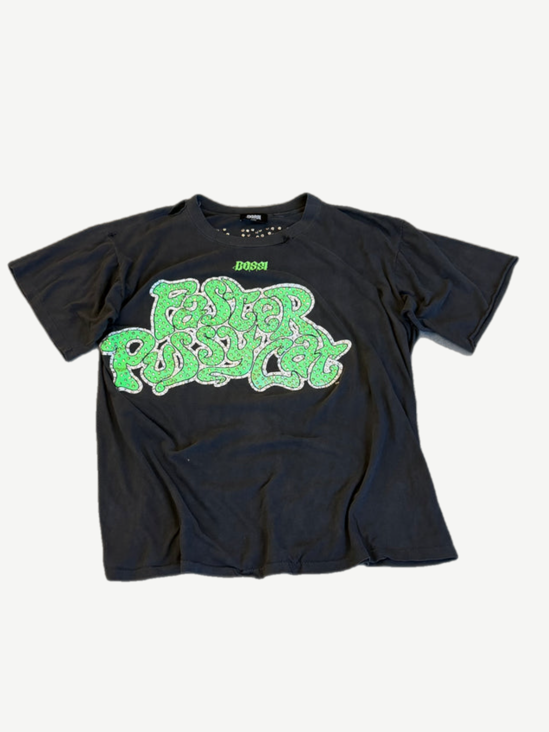 Bossi Faster Pussycat tee in faded black with neon green graffiti front print and oversized vintage boxy fit.