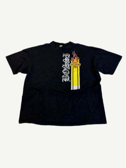 Bossi vintage Harley Davidson black tee with column of orange flames and Bossi script on the front.