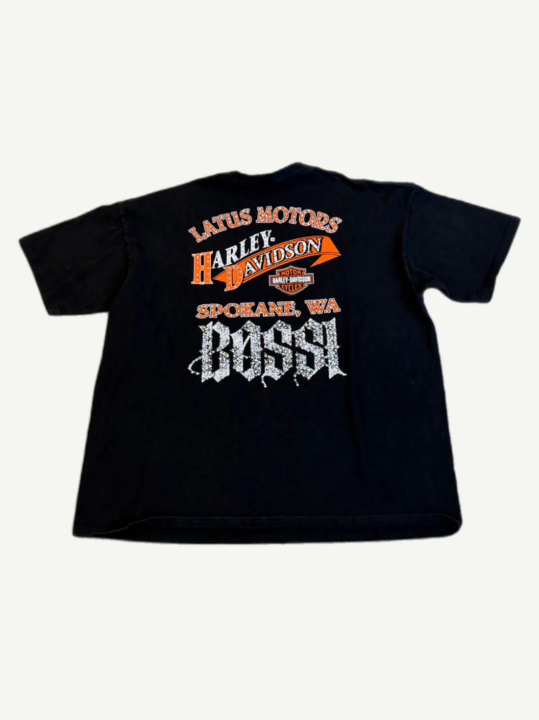 Bossi Harley Davidson black flame tee back with Latus Motors Spokane WA Bossi dealership graphic.
