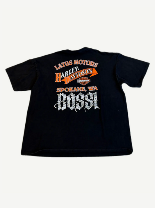 Bossi Harley Davidson black flame tee back with Latus Motors Spokane WA Bossi dealership graphic.
