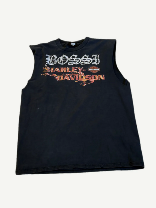 Bossi vintage Harley Davidson Orlando studded cutoff tee in black with metal studs at hem.