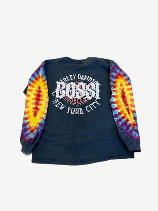 Back of Bossi Harley Davidson black longsleeve with rhinestone Bossi New York City print and tie dye sleeves.