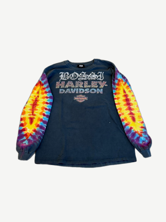 Bossi vintage Harley Davidson black longsleeve with rainbow tie dye sleeves and rhinestone stud lettering.