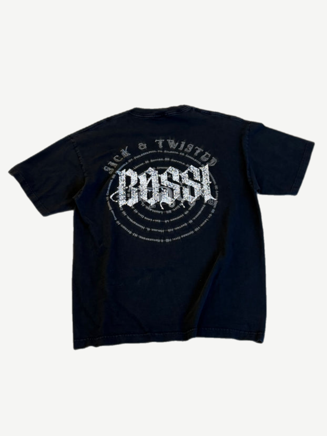 Back of Bossi vintage Korn Sick & Twisted studded tee with rhinestone embellishments on faded black.