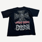 Bossi black tee back with rhinestone studded iron cross, red Lethal Threat text and gothic Bossi logo stacked.