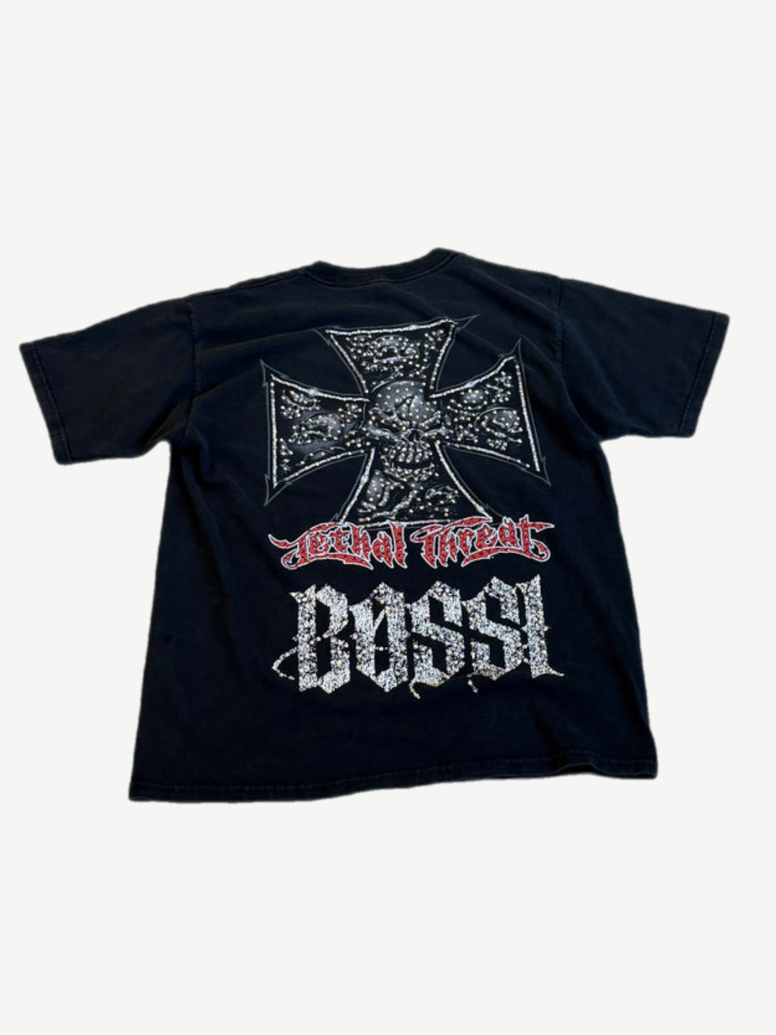 Bossi black tee back with rhinestone studded iron cross, red Lethal Threat text and gothic Bossi logo stacked.