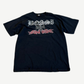Bossi black tee front with rhinestone studded gothic Bossi logo above red Lethal Threat scrawl, center chest placement.