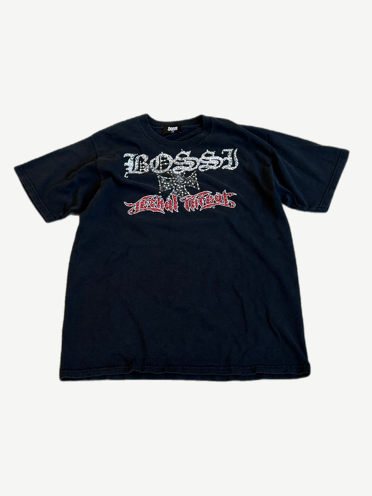 Bossi black tee front with rhinestone studded gothic Bossi logo above red Lethal Threat scrawl, center chest placement.