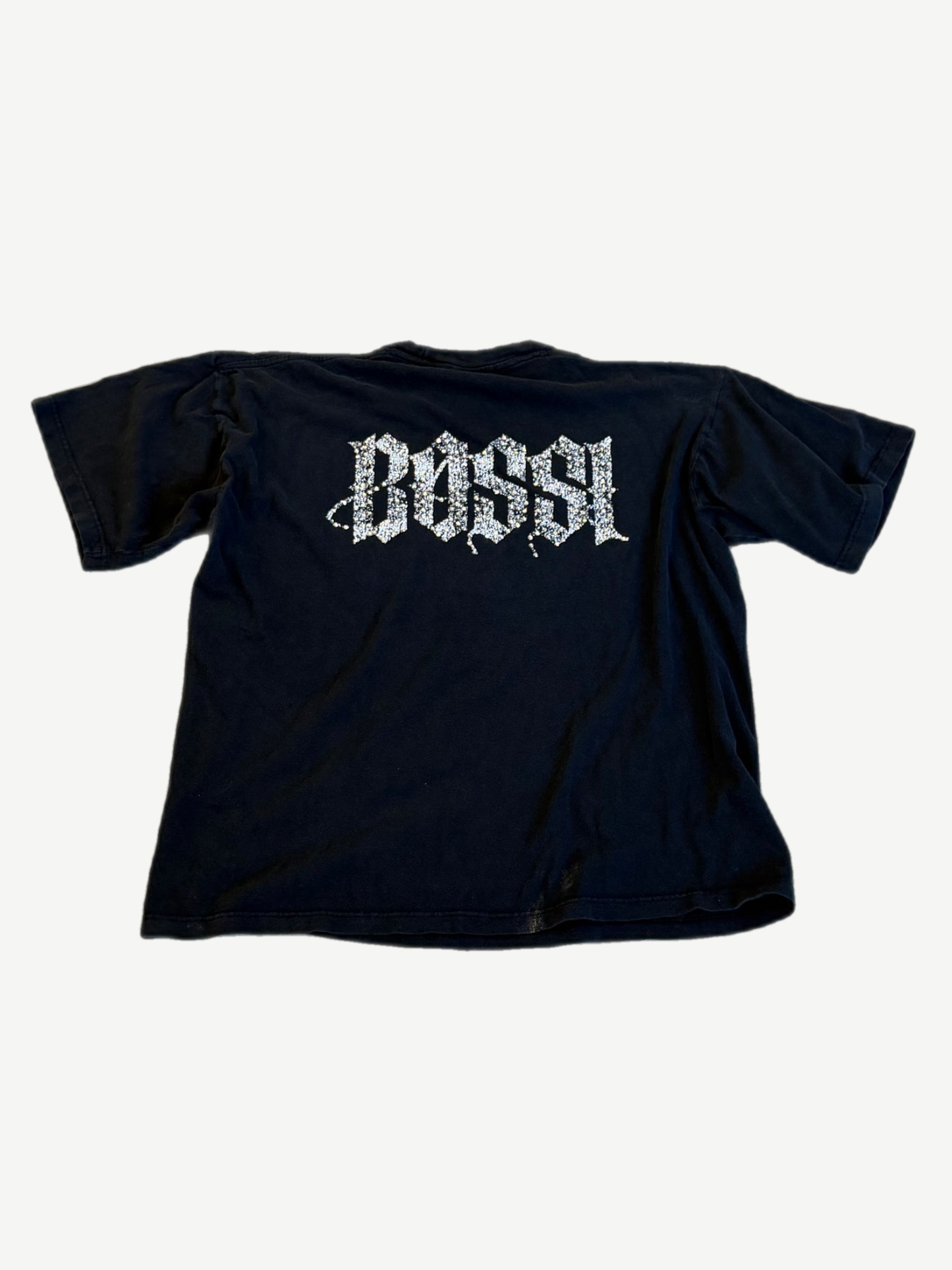 Back of Bossi vintage Metallica tee with large rhinestone studded Bossi Old English logo across shoulders