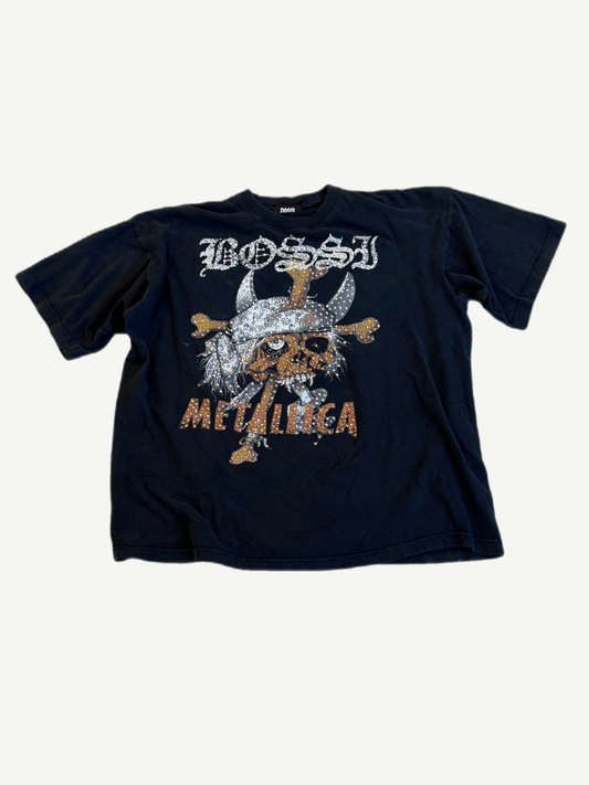 Bossi reworked Metallica black tee with rhinestone studded Pushead skull and crystal Metallica logo front graphic