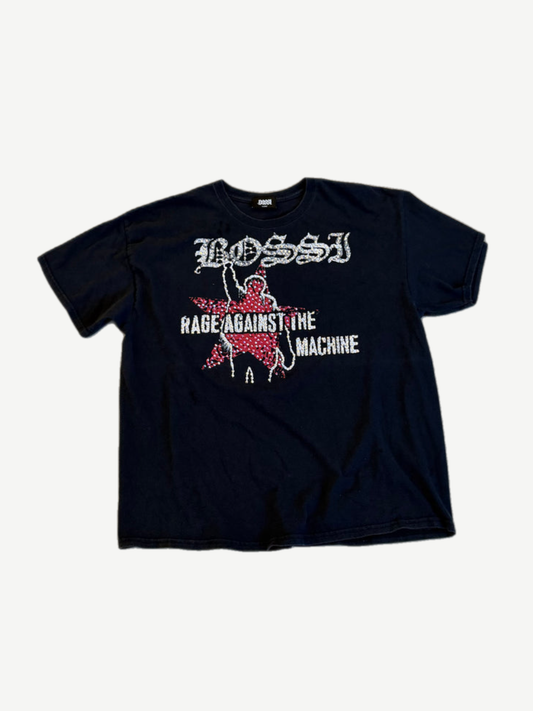 Bossi black tee with Rage Against the Machine band graphic, studded accents and Bossi gothic logo