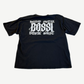 Bossi black tee back with large gothic Bossi typography and Heavy Metal Punk Shit text print