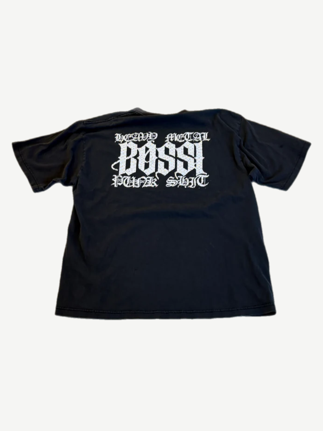 Bossi black tee back with large gothic Bossi typography and Heavy Metal Punk Shit text print