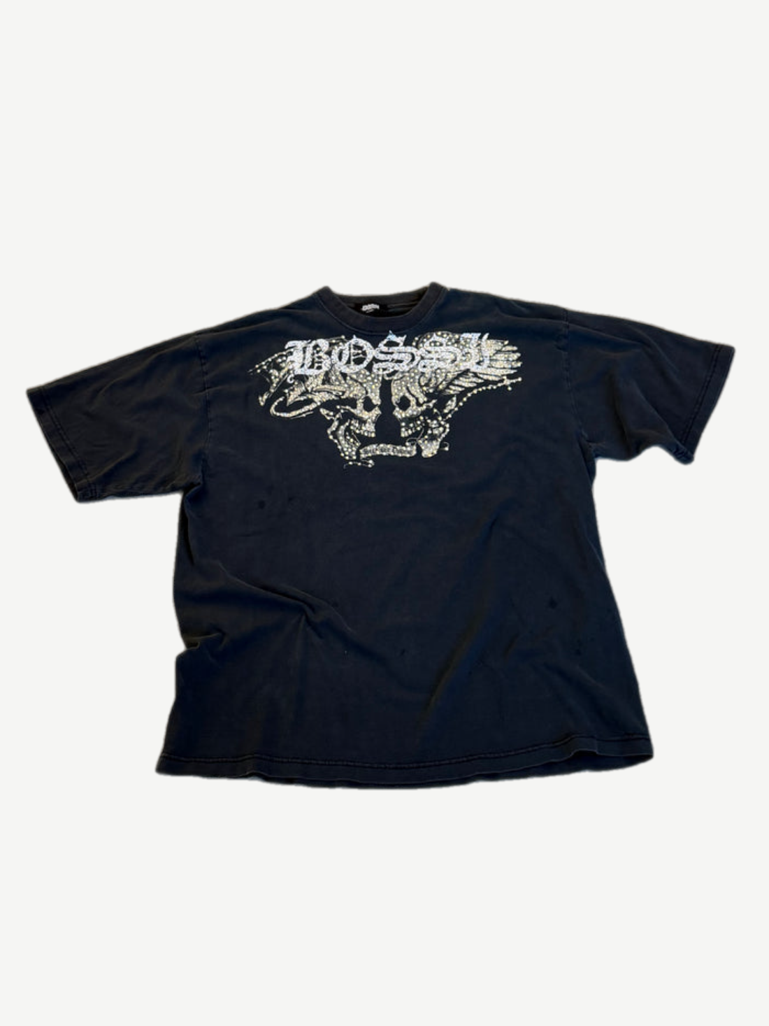 Bossi vintage black tee with white Seek and Destroy skulls front graphic and studded detailing