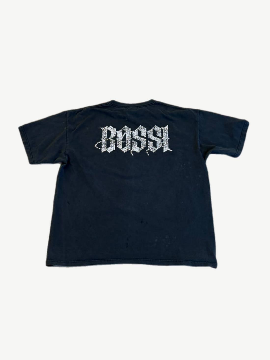 Back of Bossi Van Halen vintage flame tee featuring tour print and additional studded embellishment detail.