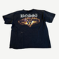 Bossi reworked vintage Van Halen black tee with flame graphic and silver metal studs across the front.