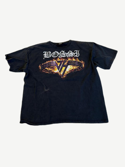 Bossi reworked vintage Van Halen black tee with flame graphic and silver metal studs across the front.