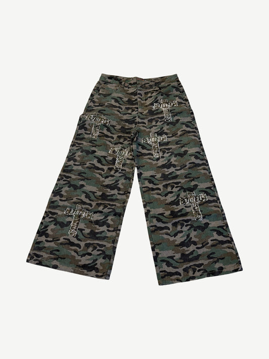 Bottega Desires Holy Grail green camo wide-leg denim pants with allover stitched cross logo patches