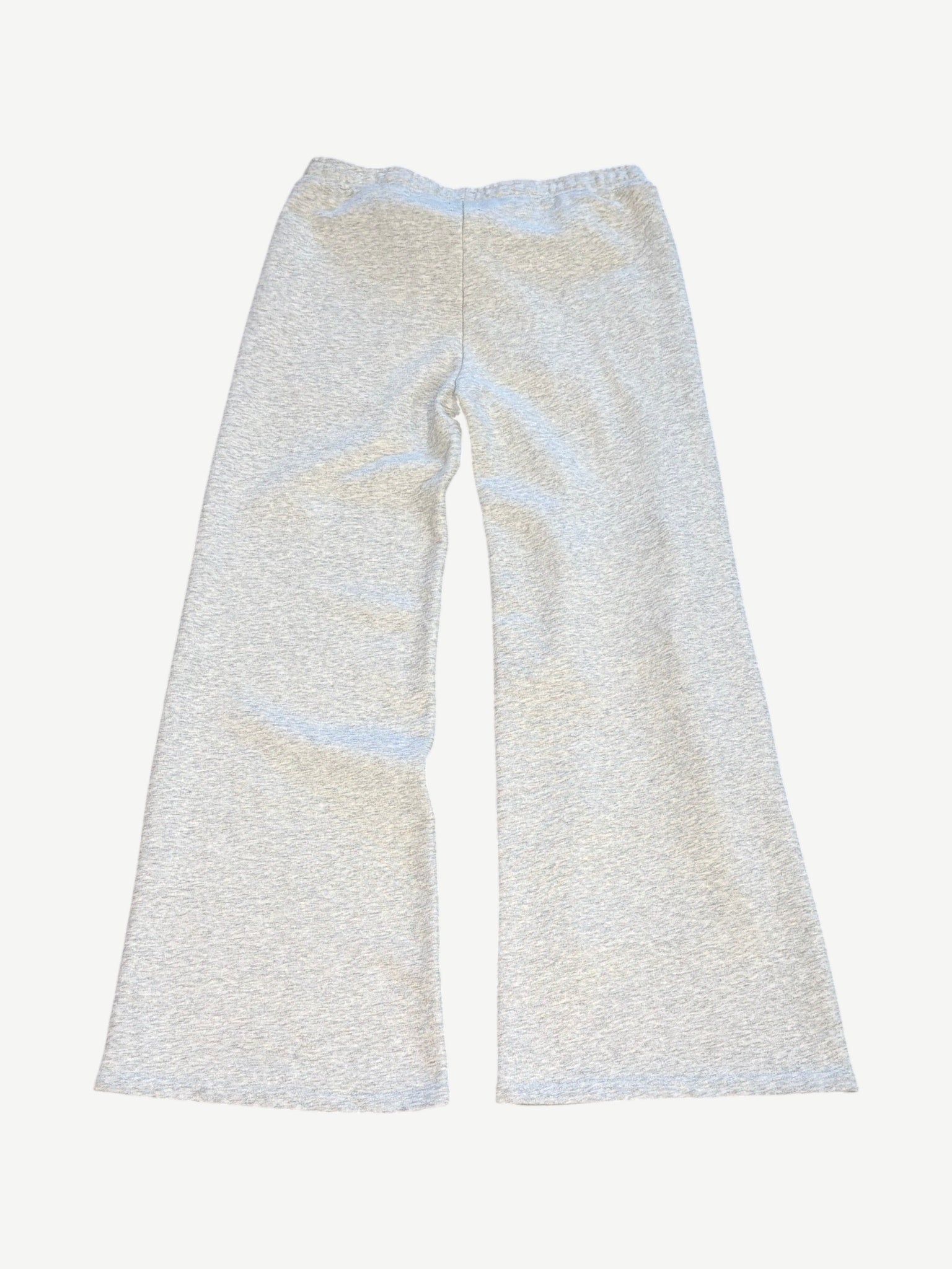 Bottega Desires heather gray flared sweatpants back view, plain marled fabric with elastic waistband, no patches.