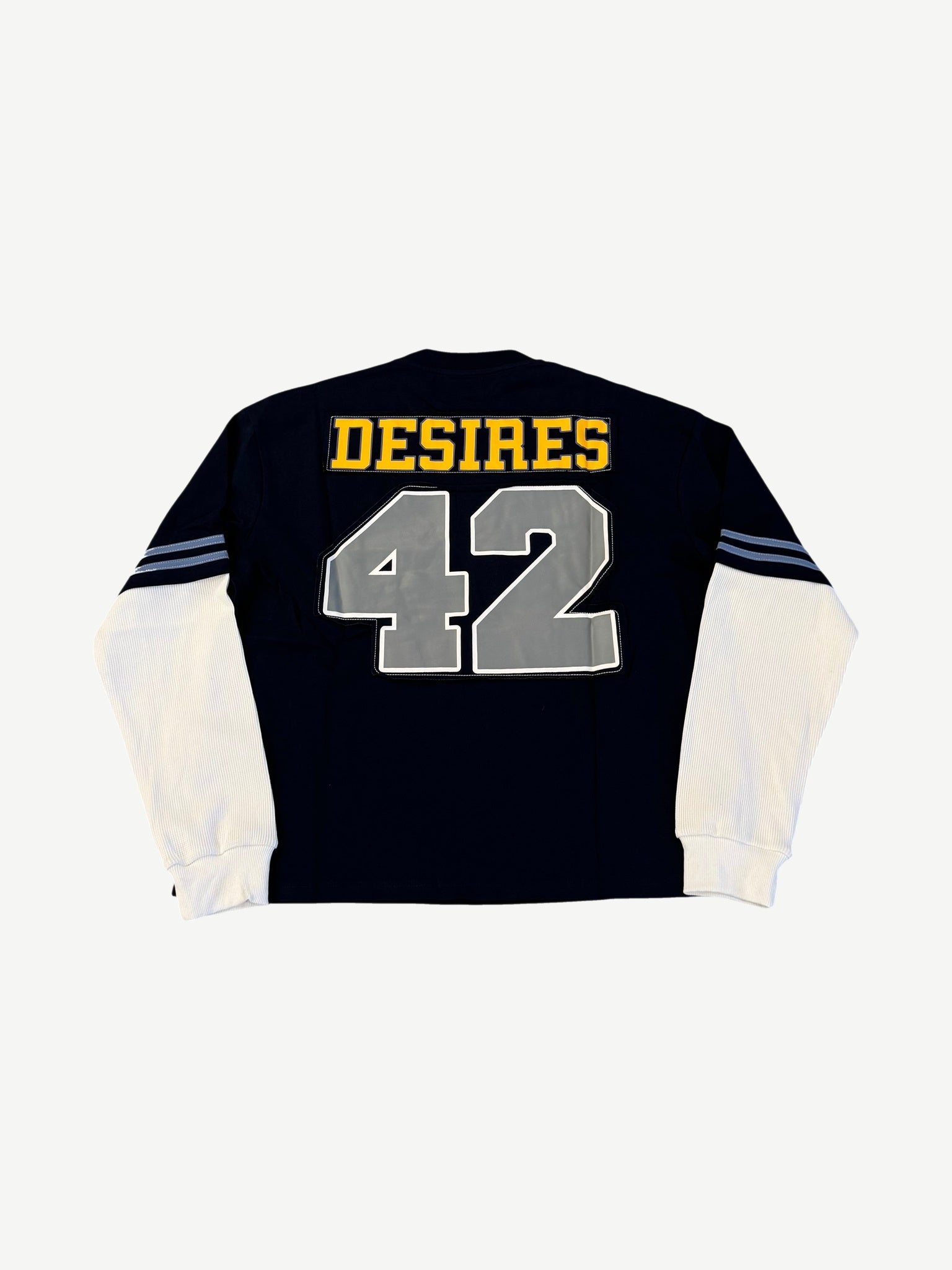 Bottega Desires navy jersey back with yellow DESIRES and reflective 42 patches plus white waffle sleeves