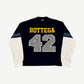 Bottega Desires navy football jersey longsleeve with yellow BOTTEGA and reflective 42 chest patches