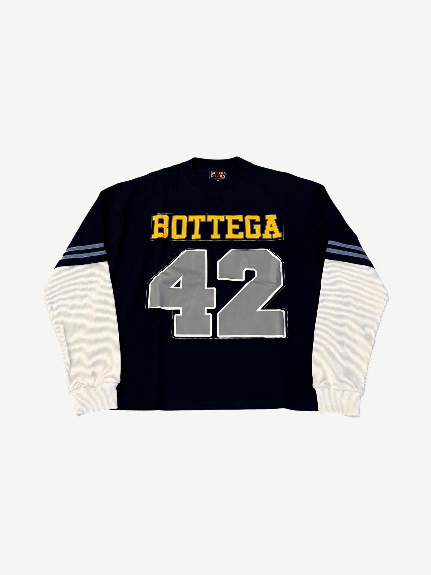 Bottega Desires navy football jersey longsleeve with yellow BOTTEGA and reflective 42 chest patches